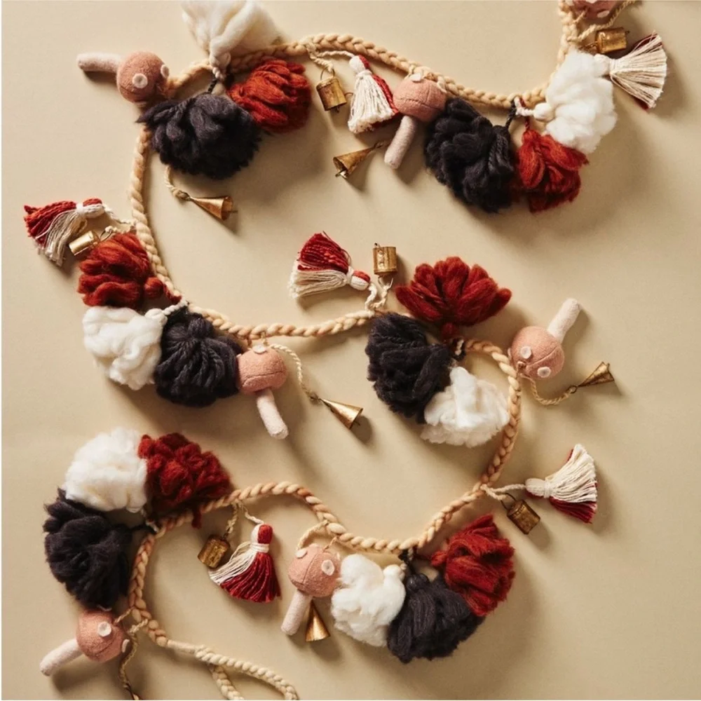 Anthropologie‎ Festive Pom Garland with bells and mushrooms